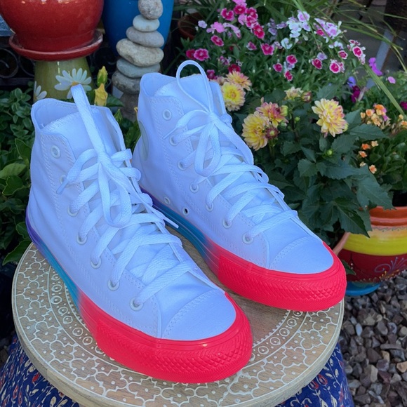 New White & Two-Tone Neon Pink & Turquoise Converse Hi Top Sneakers - Picture 9 of 13